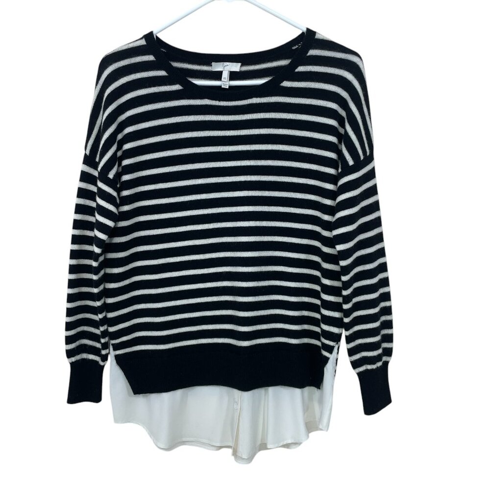 Joie Wool Cashmere Blend Sweater Size S Silk Layered Look Black/White Stripe‎